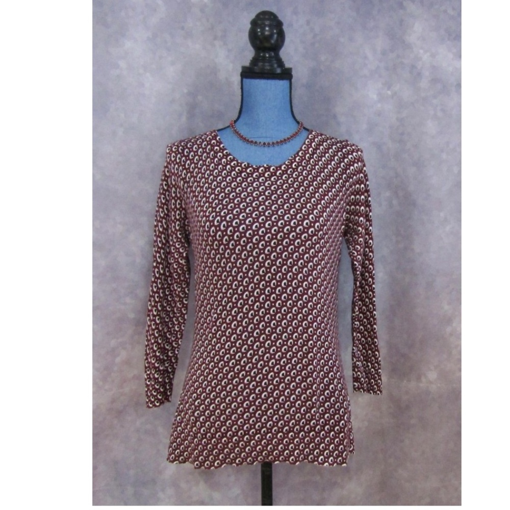 LOFT Burgundy Black White Print Button Sweater S